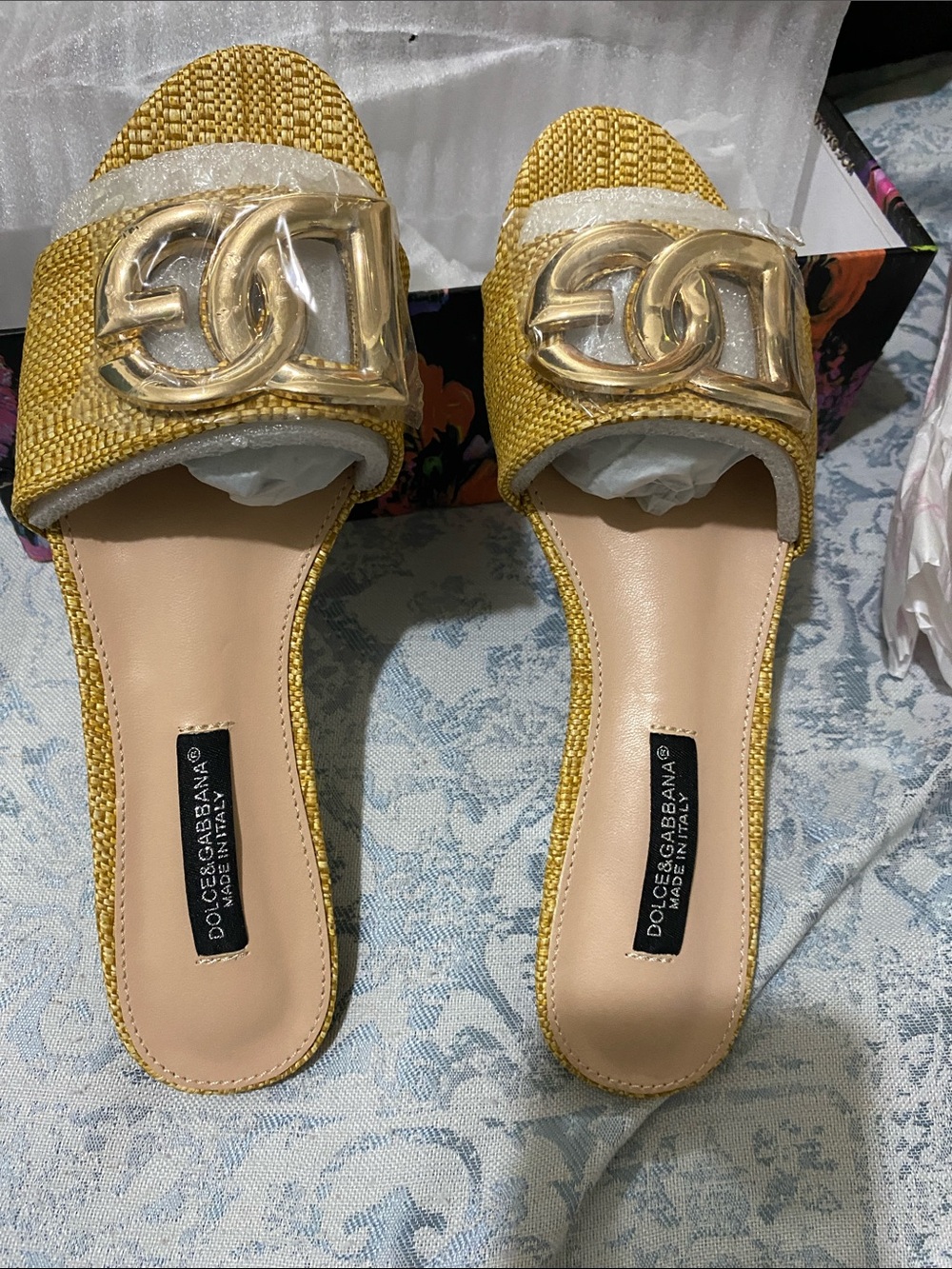 Dolce & Gabbana Yellow Woven Slide Mules with Large Gold Logo